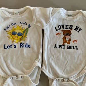 TWO MONAG Onesies 0-3 mo - Pit Bull and Surf’s Up - White soft cotton - GUC